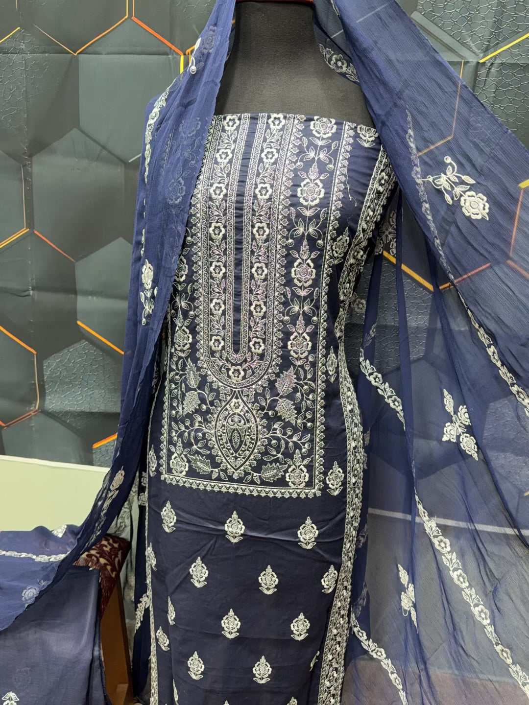 3 Piece Embroidered Lawn Suit With Chiffon Dupatta | Navy Blue