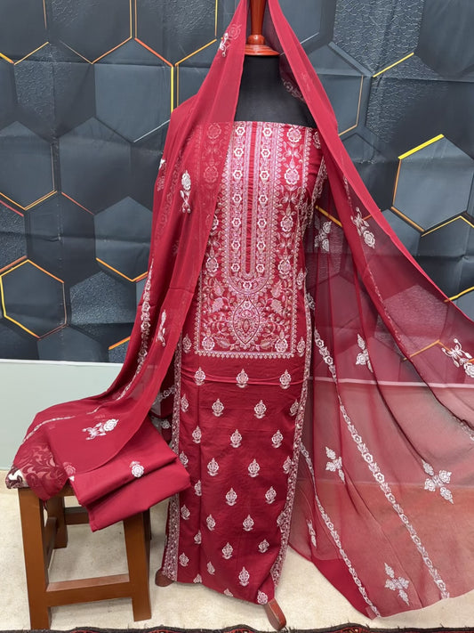 3 Piece Embroidered Lawn Suit With Chiffon Dupatta | Maroon