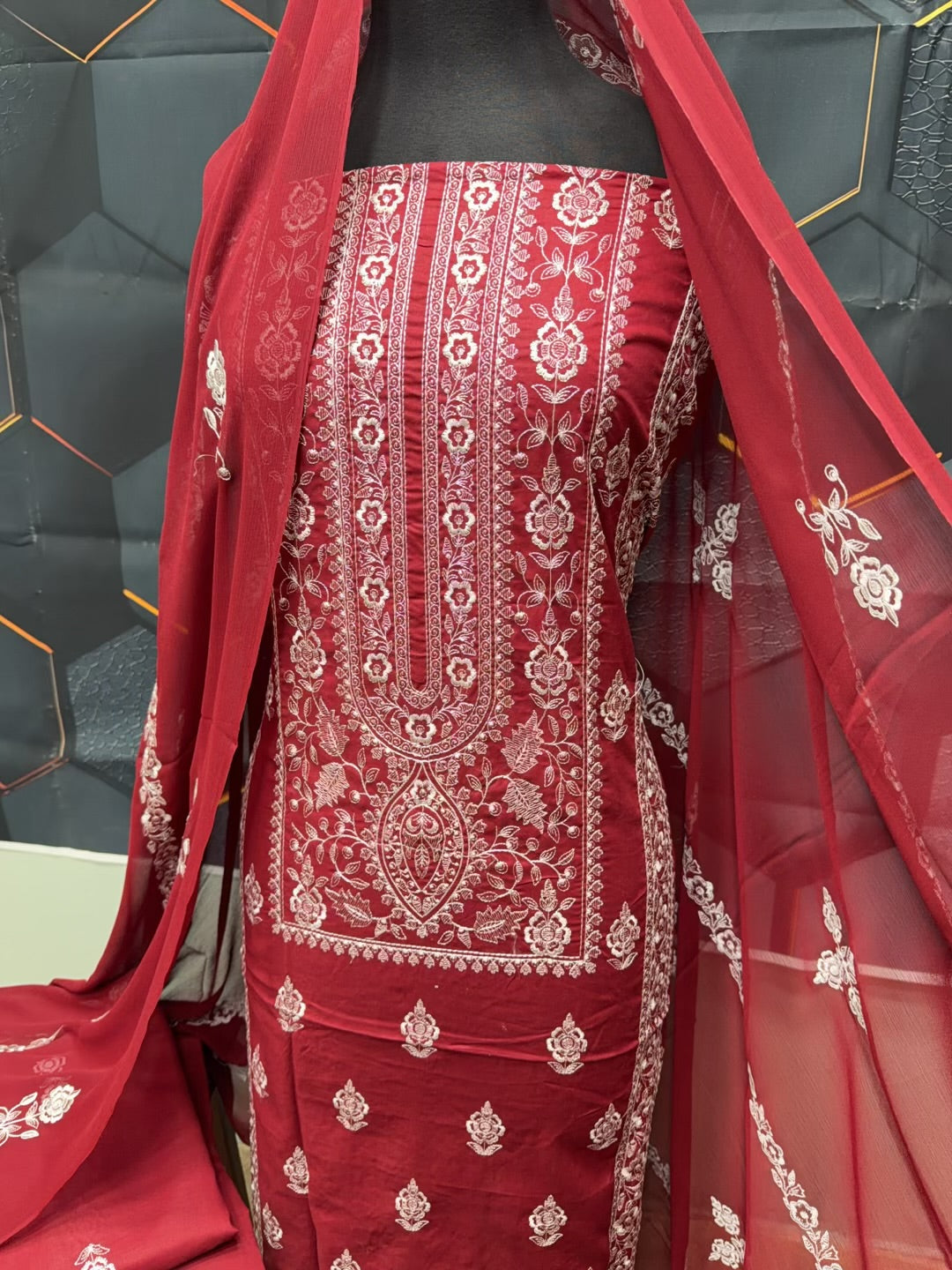 3 Piece Embroidered Lawn Suit With Chiffon Dupatta | Maroon