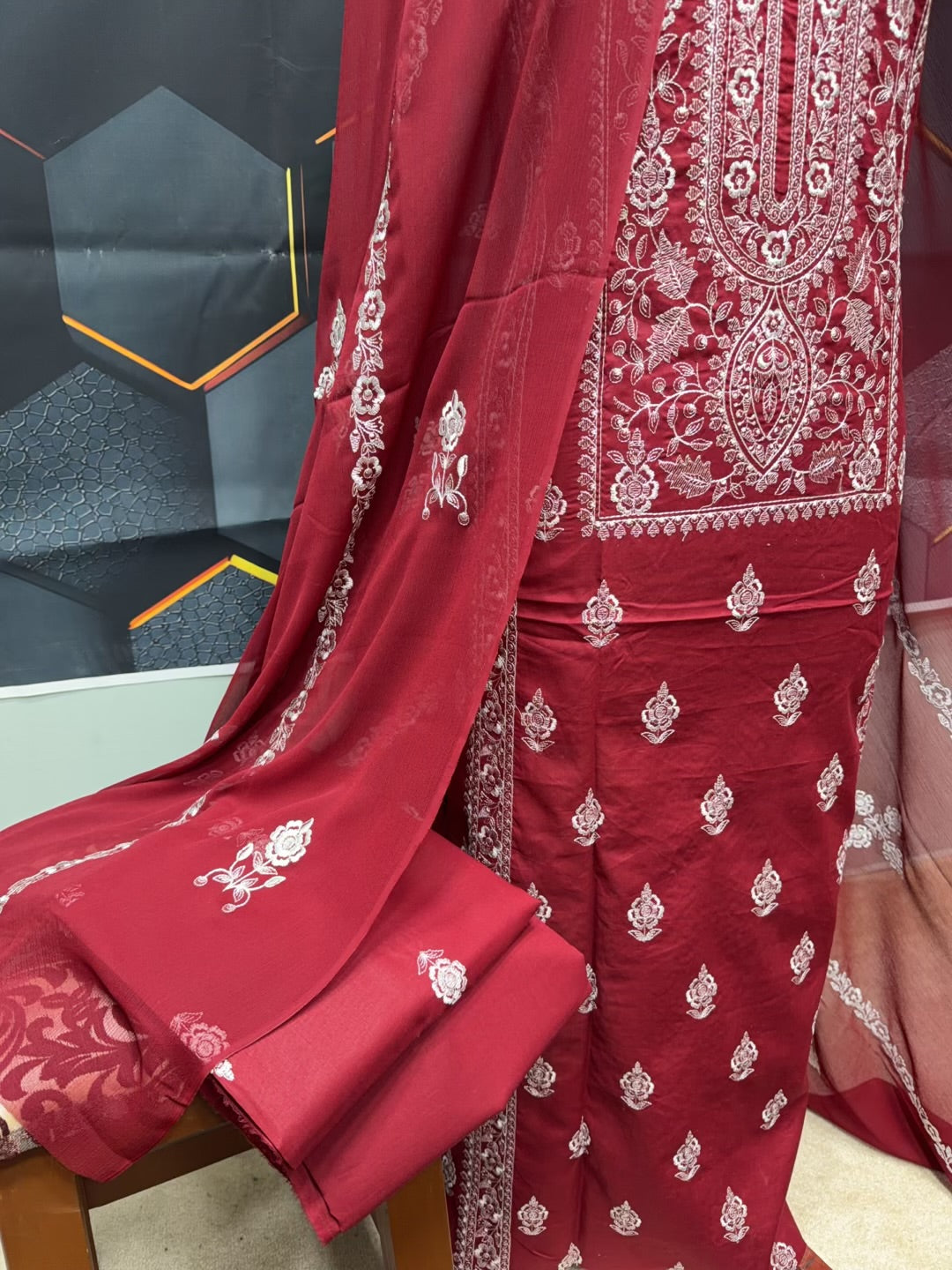 3 Piece Embroidered Lawn Suit With Chiffon Dupatta | Maroon