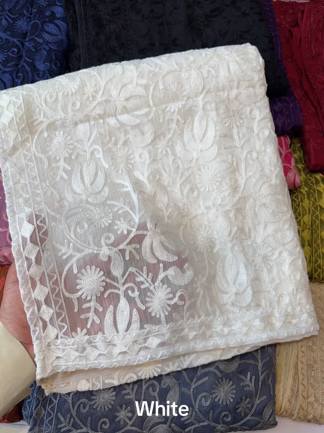 Crinkle Chiffon Kashmiri Jaal Embroidered Dupatta | White