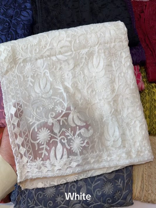 Crinkle Chiffon Kashmiri Jaal Embroidered Dupatta | White