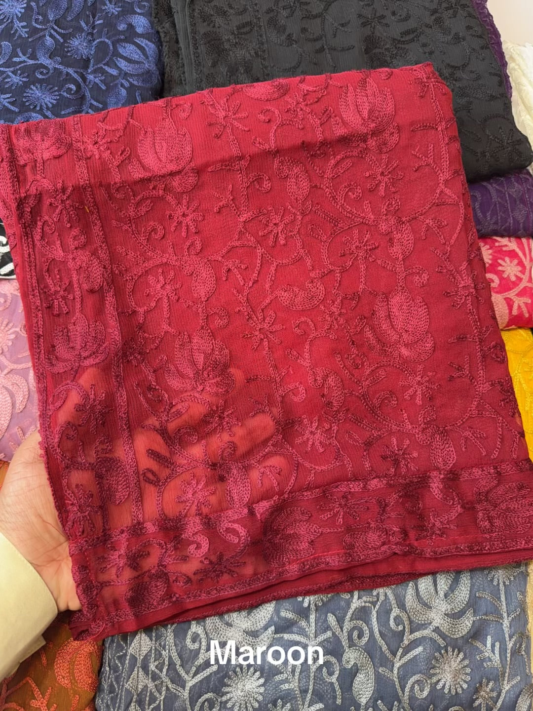 Crinkle Chiffon Kashmiri Jaal Embroidered Dupatta | Maroon
