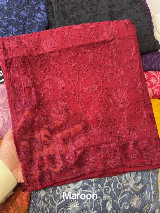 Crinkle Chiffon Kashmiri Jaal Embroidered Dupatta | Maroon