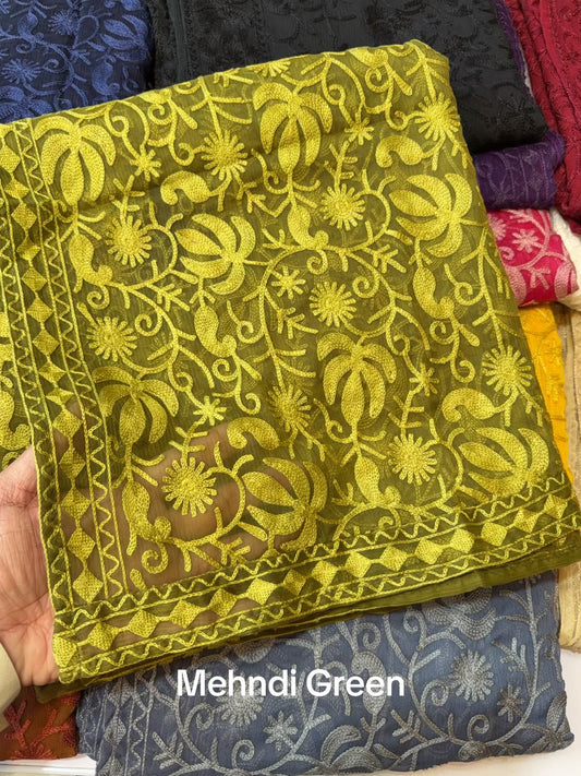 Crinkle Chiffon Kashmiri Jaal Embroidered Dupatta | Mehndi Green