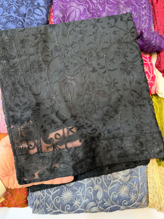 Crinkle Chiffon Kashmiri Jaal Embroidered Dupatta | Black