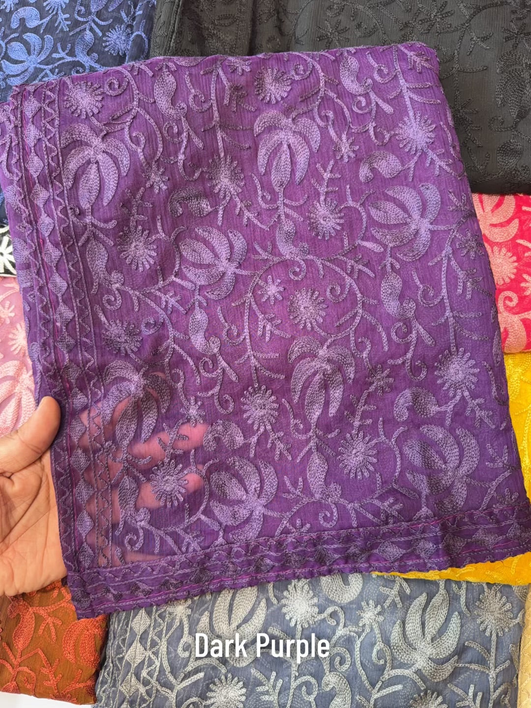 Crinkle Chiffon Kashmiri Jaal Embroidered Dupatta | Dark Purple