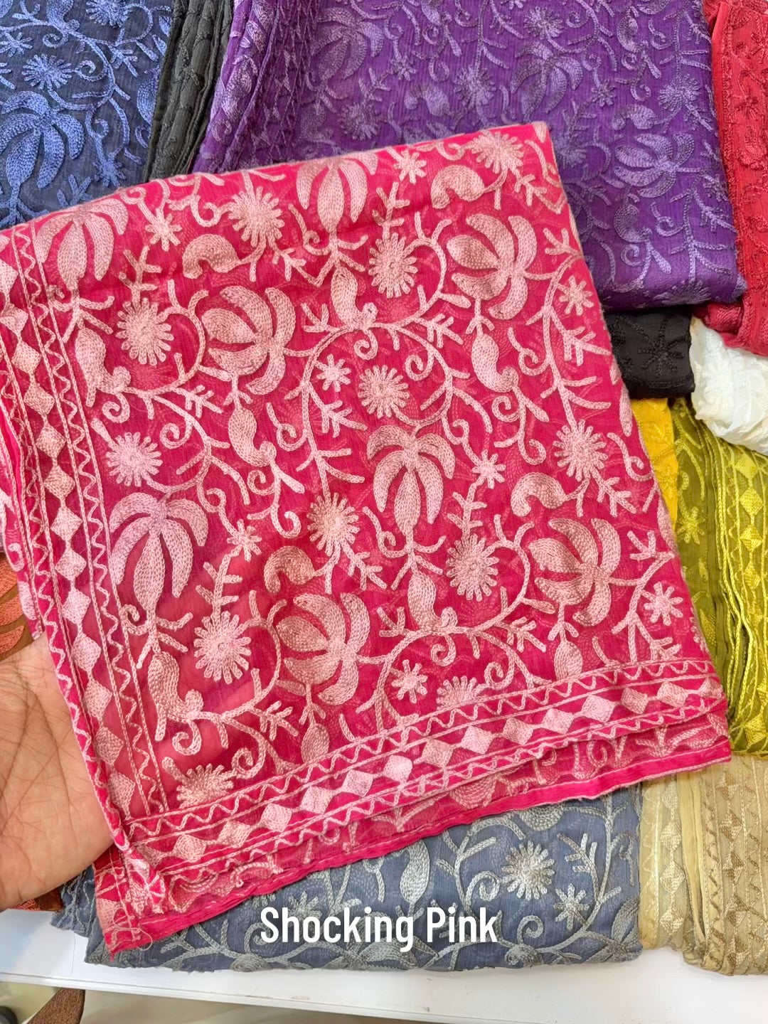 Crinkle Chiffon Kashmiri Jaal Embroidered Dupatta | Shocking Pink