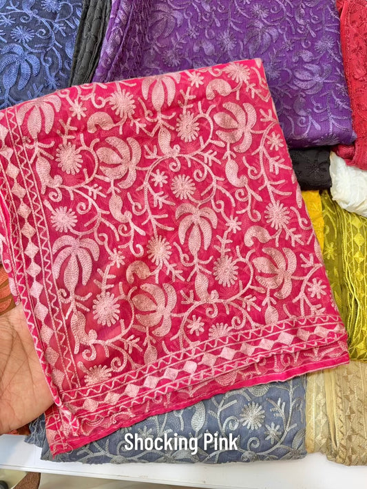 Crinkle Chiffon Kashmiri Jaal Embroidered Dupatta | Shocking Pink