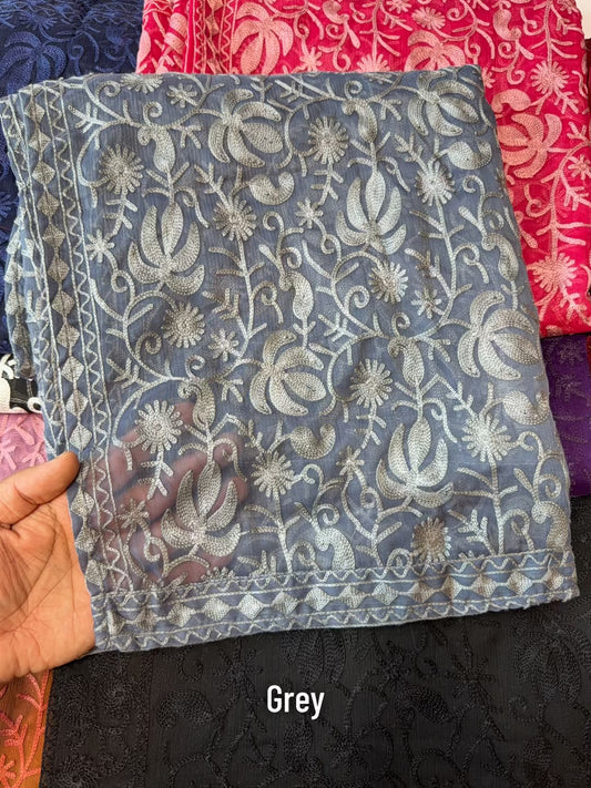 Crinkle Chiffon Kashmiri Jaal Embroidered Dupatta | Grey