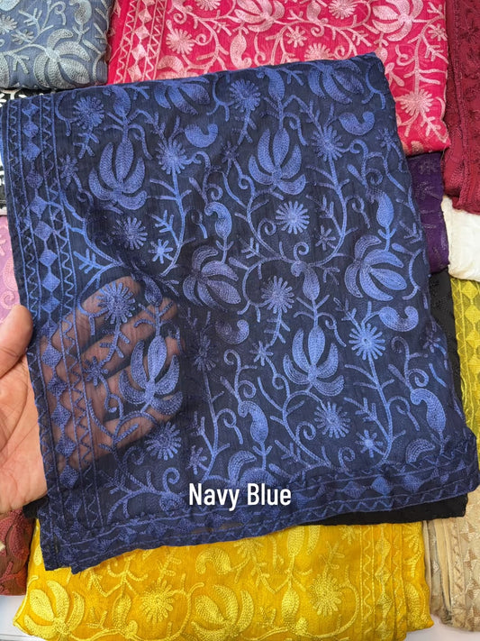 Crinkle Chiffon Kashmiri Jaal Embroidered Dupatta | Navy Blue