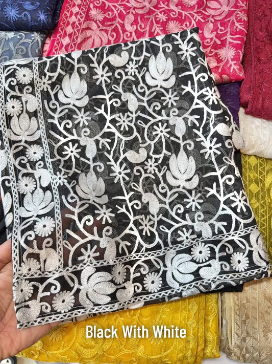 Crinkle Chiffon Kashmiri Jaal Embroidered Dupatta | Black With White