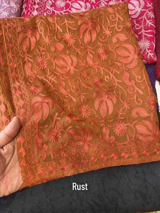 Crinkle Chiffon Kashmiri Jaal Embroidered Dupatta | Rust