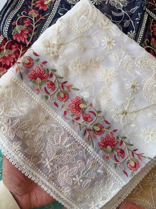 Crinkle Chiffon Shadown Embroidery Multi Color | Off White