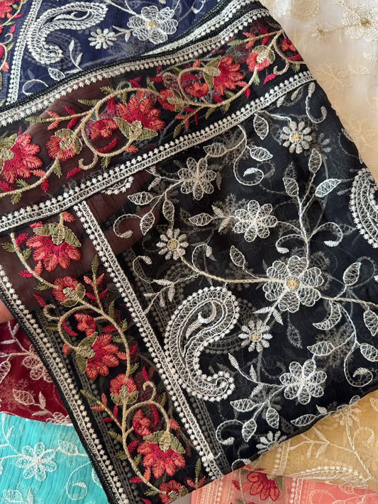 Crinkle Chiffon Shadown Embroidery Multi Color | Black