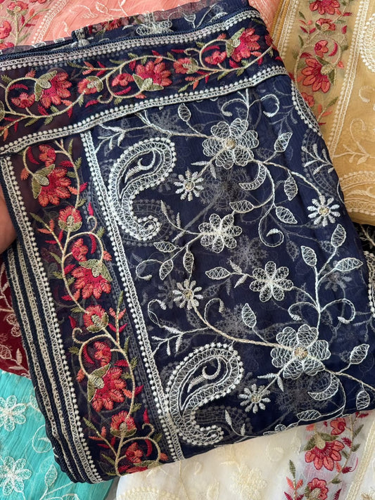 Crinkle Chiffon Shadown Embroidery Multi Color | Navy Blue