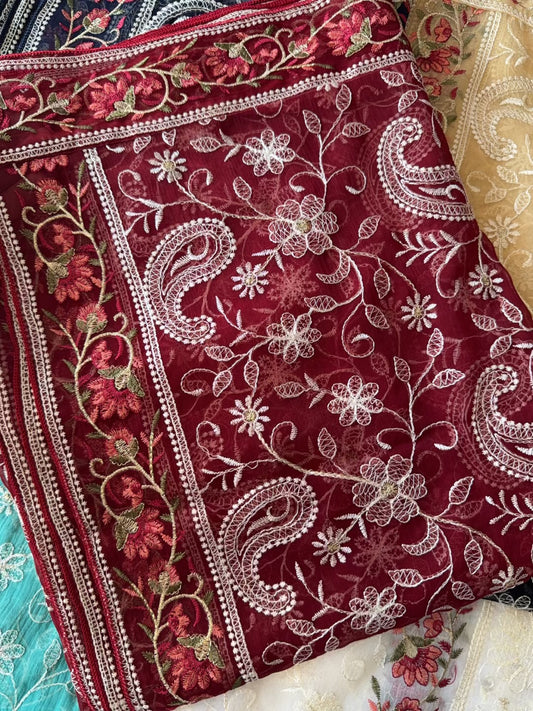 Crinkle Chiffon Shadown Embroidery Multi Color | Maroon