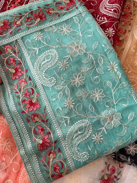 Crinkle Chiffon Shadown Embroidery Multi Color | Turquoise