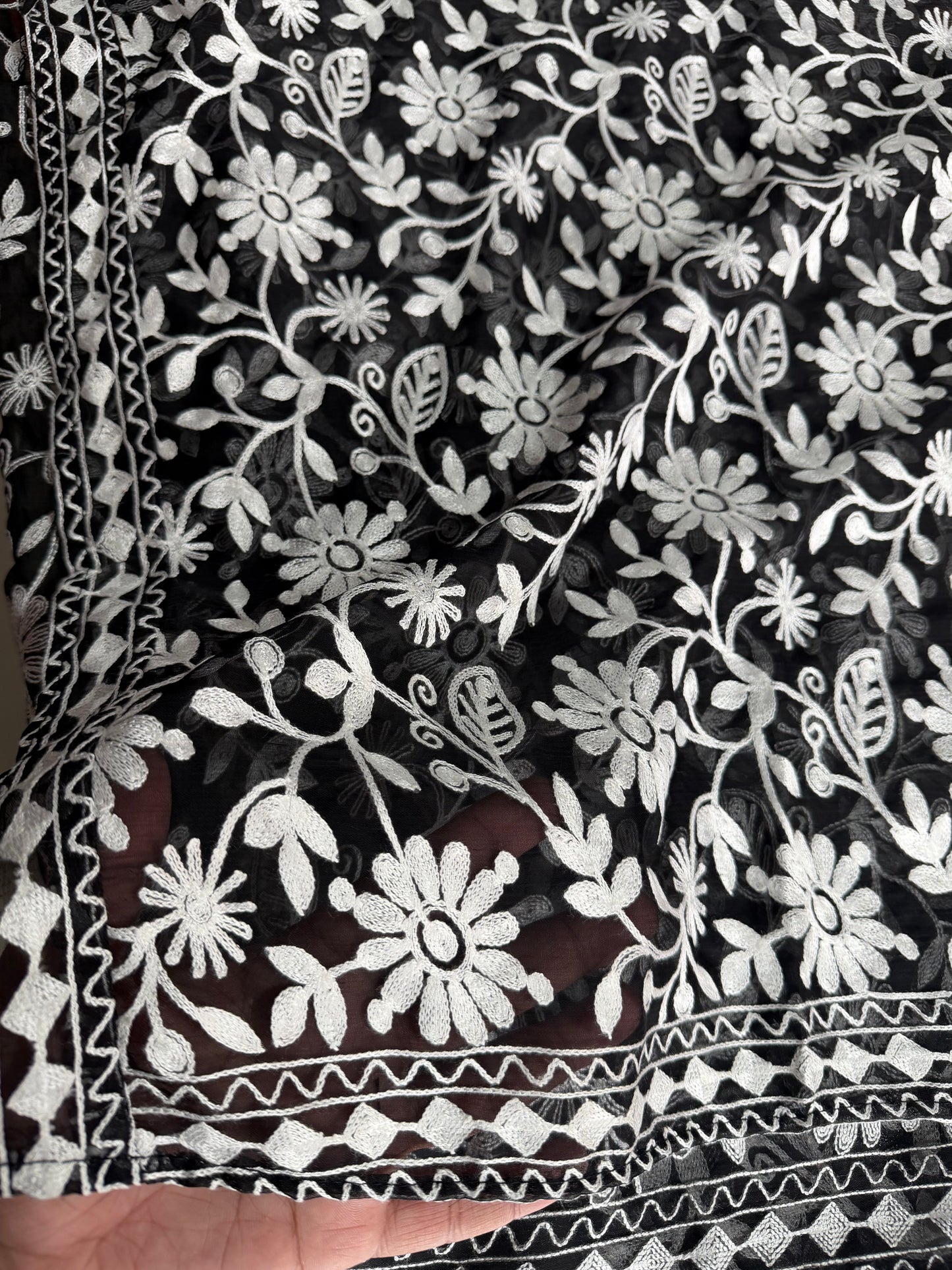 Crinkle Chiffon Embroidered Dupatta | Black With White Flower Jaal