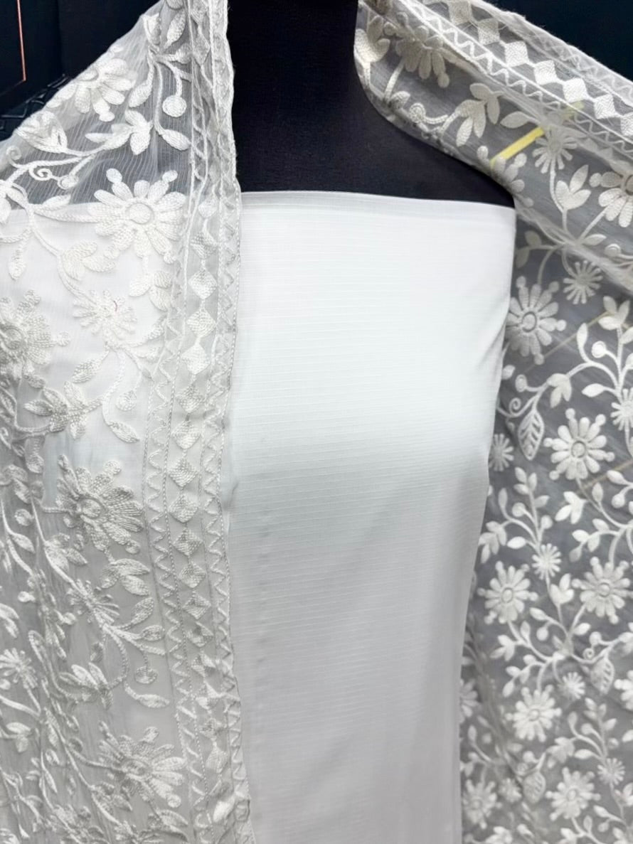 3 Piece Doria Lawn Suit With Chiffon Embroidered Dupatta | White