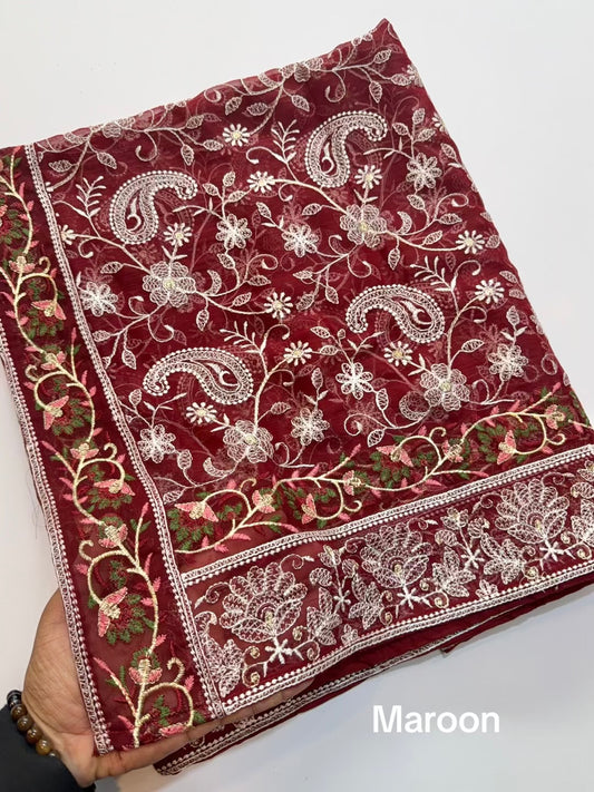 Crinkle Chiffon Shadown Embroidery Multi Color | Maroon