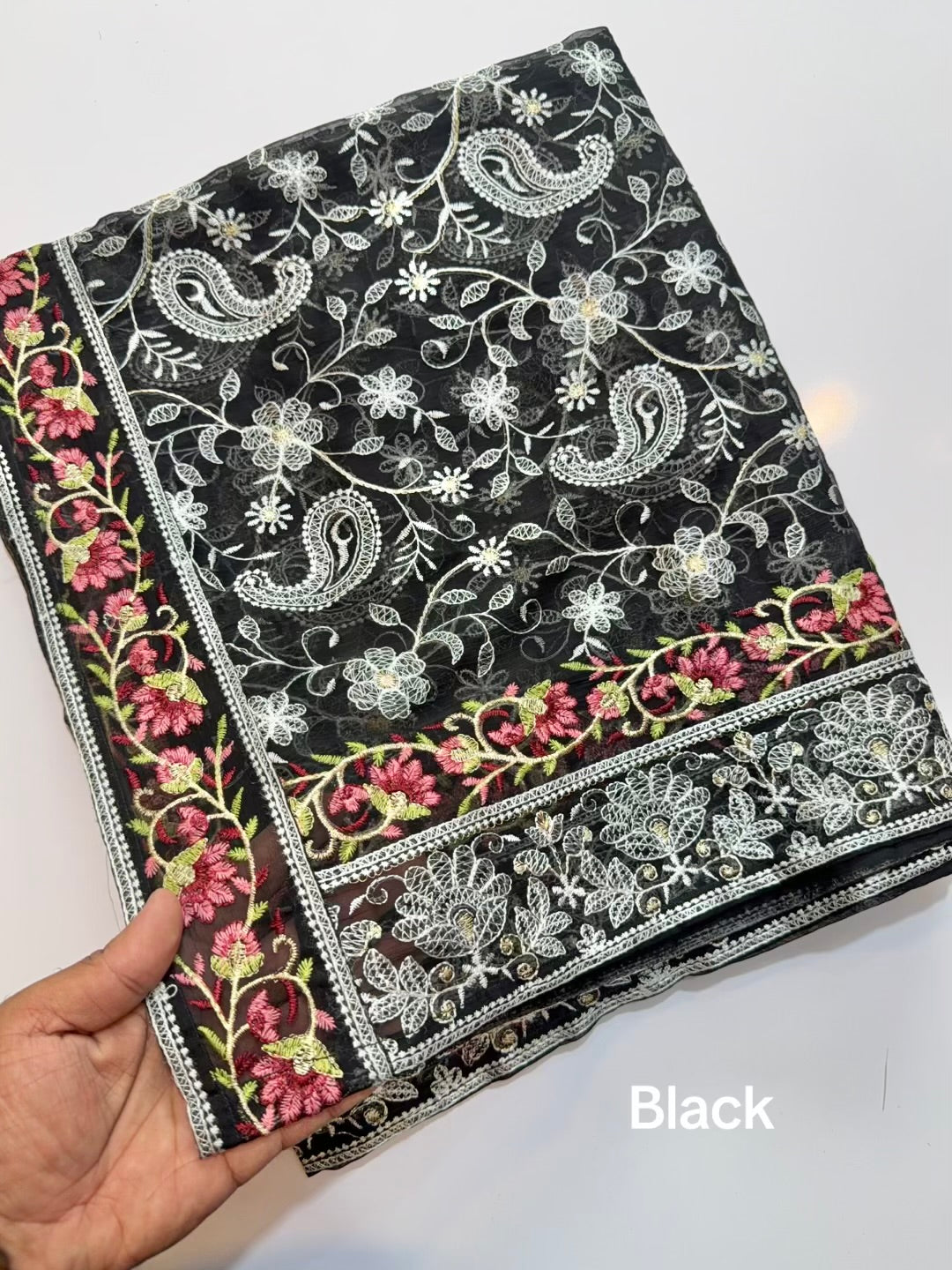 Crinkle Chiffon Shadown Embroidery Multi Color | Black