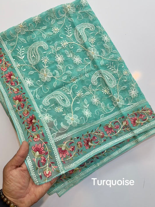 Crinkle Chiffon Shadown Embroidery Multi Color | Turquoise