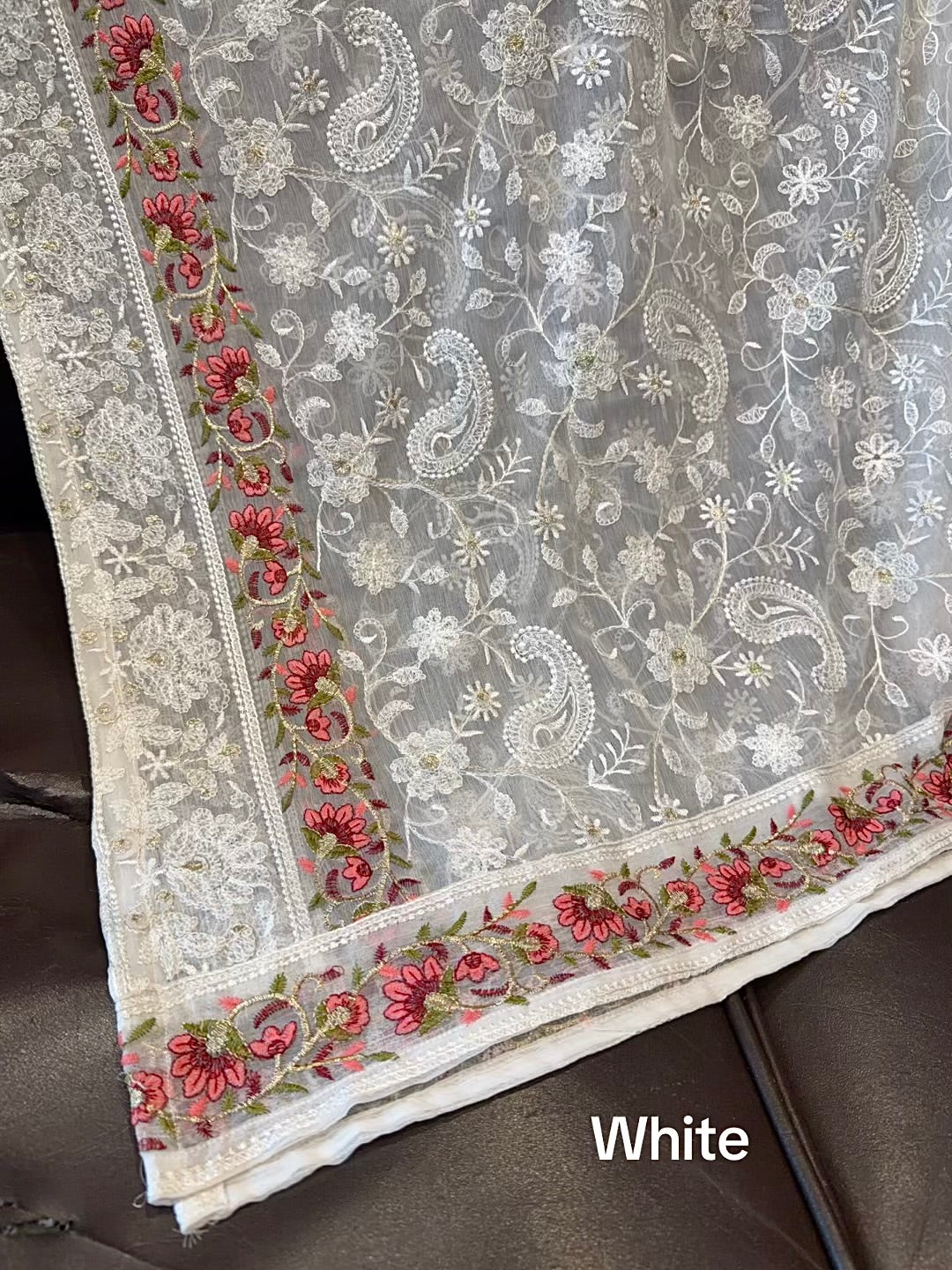 Crinkle Chiffon Shadown Embroidery Multi Color | Off White