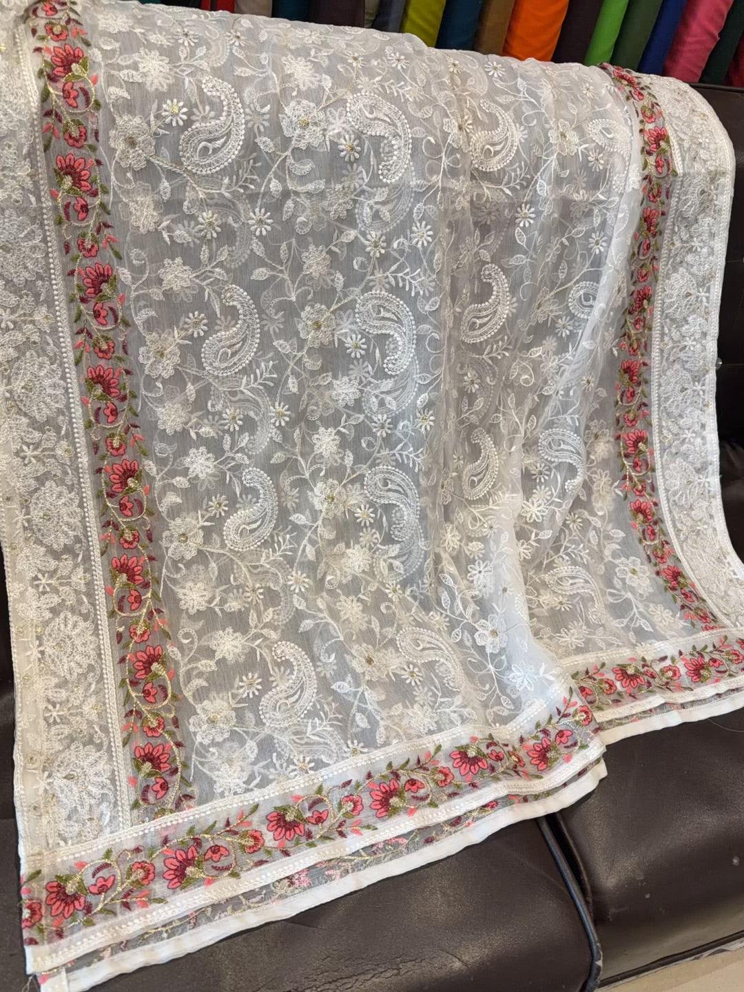 Crinkle Chiffon Shadown Embroidery Multi Color | Off White