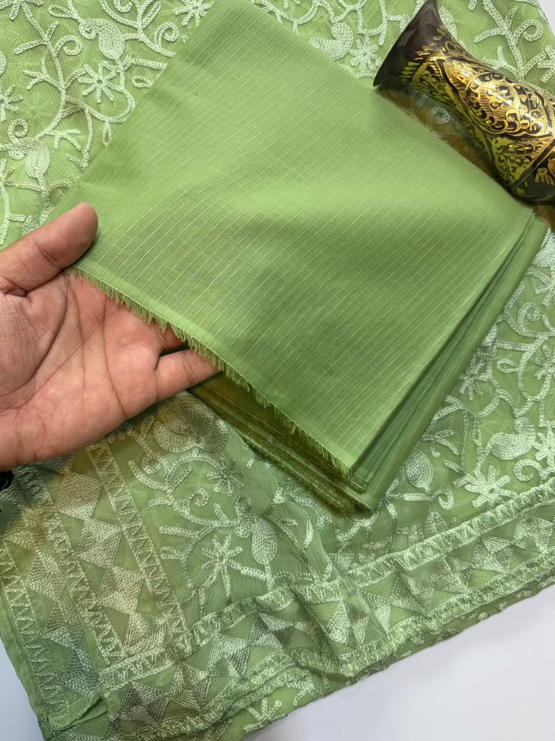 3 Piece Doria Lawn Suit With Chiffon Embroidered Dupatta | Pista Green