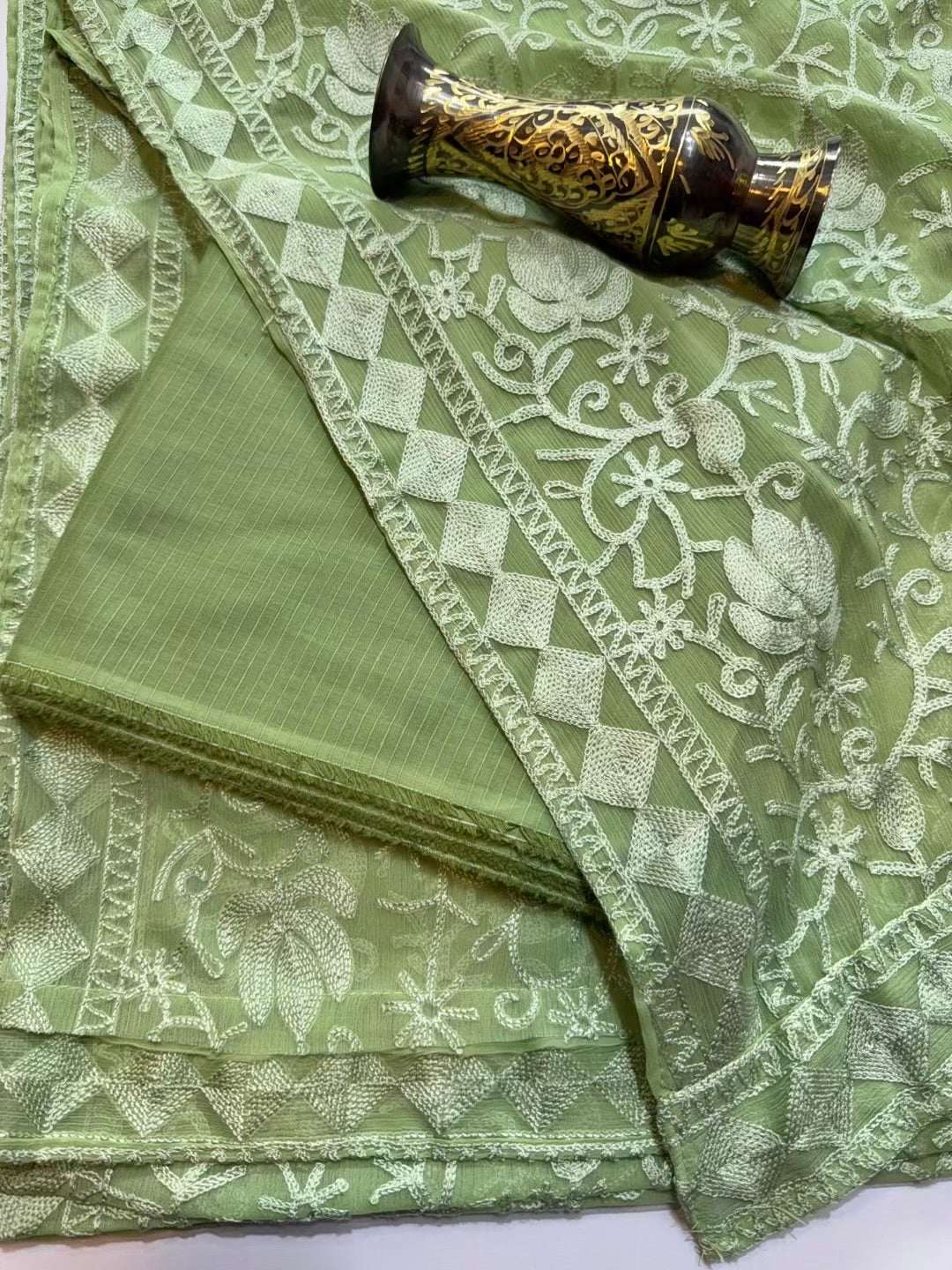 3 Piece Doria Lawn Suit With Chiffon Embroidered Dupatta | Pista Green