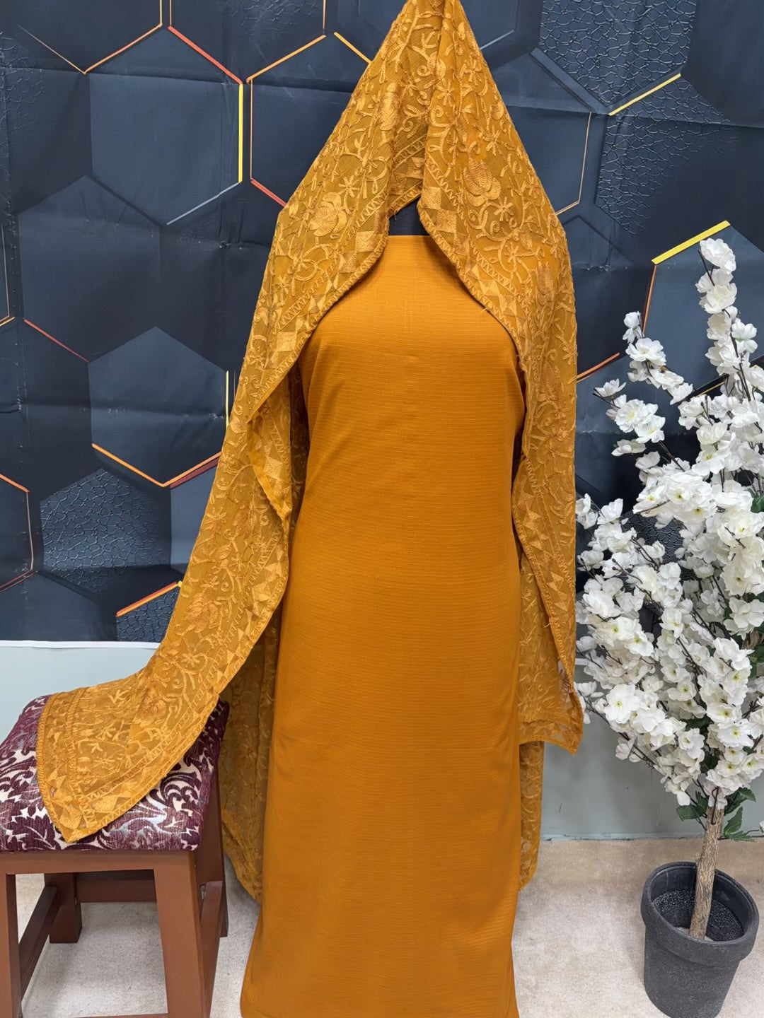 3 Piece Doria Lawn Suit With Chiffon Embroidered Dupatta | Mustard