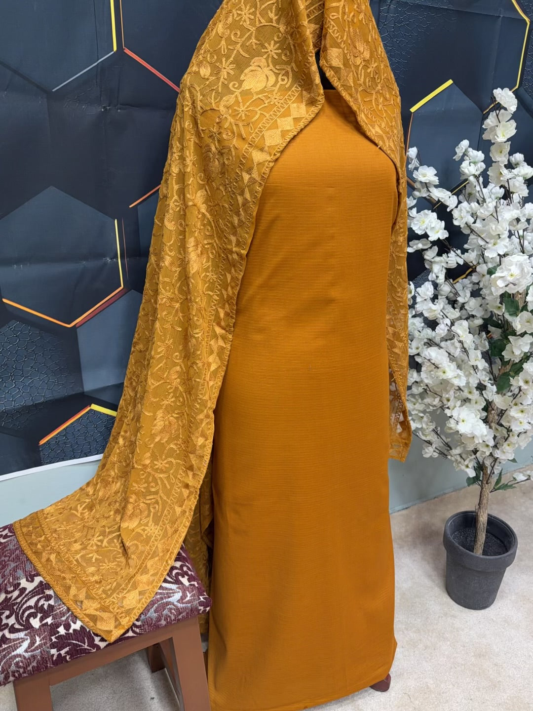 3 Piece Doria Lawn Suit With Chiffon Embroidered Dupatta | Mustard
