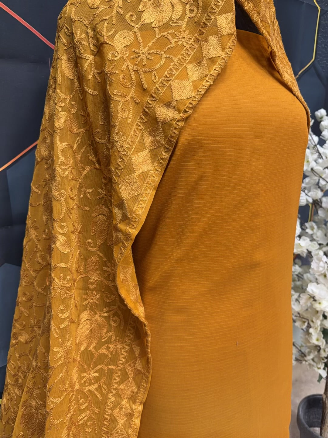 3 Piece Doria Lawn Suit With Chiffon Embroidered Dupatta | Mustard