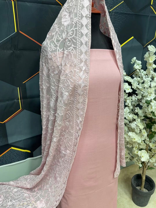 3 Piece Doria Lawn Suit With Chiffon Embroidered Dupatta | Light Pink