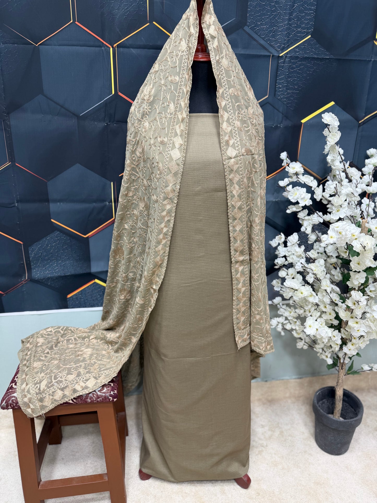 3 Piece Doria Lawn Suit With Chiffon Embroidered Dupatta | Sand Skin