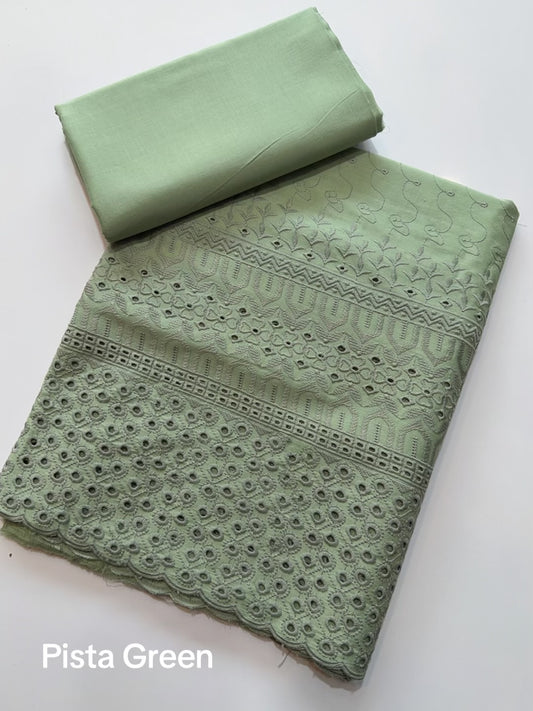 Chikankari Lawn 2 Piece Suit Daman Bore Long Length Suit | Pista Green
