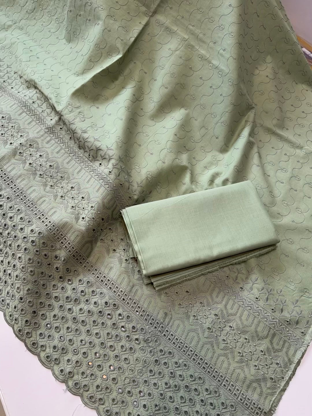 Chikankari Lawn 2 Piece Suit Daman Bore Long Length Suit | Pista Green