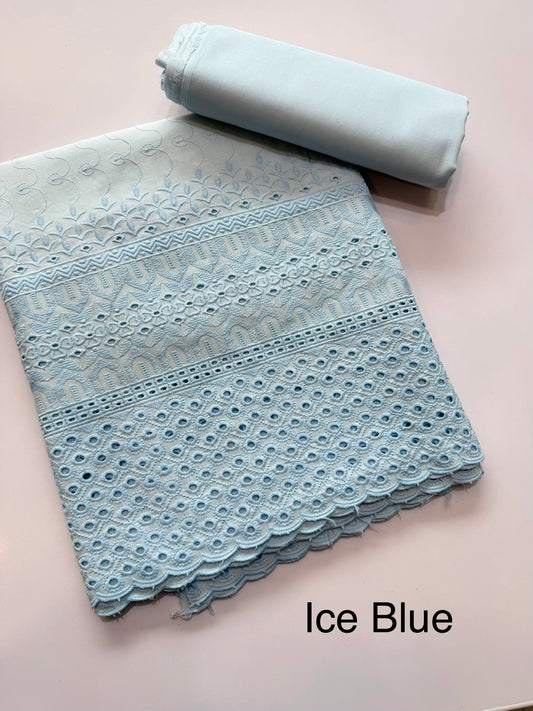 Chikankari Lawn 2 Piece Suit Daman Bore Long Length Suit | Ice Blue