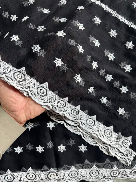 Black Chikankari Crinkle Chiffon Embroidered Dupatta | Black With White