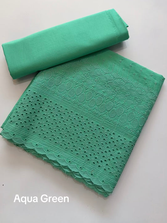 Chikankari Lawn 2 Piece Suit Daman Bore Long Length Suit | Aqua Green