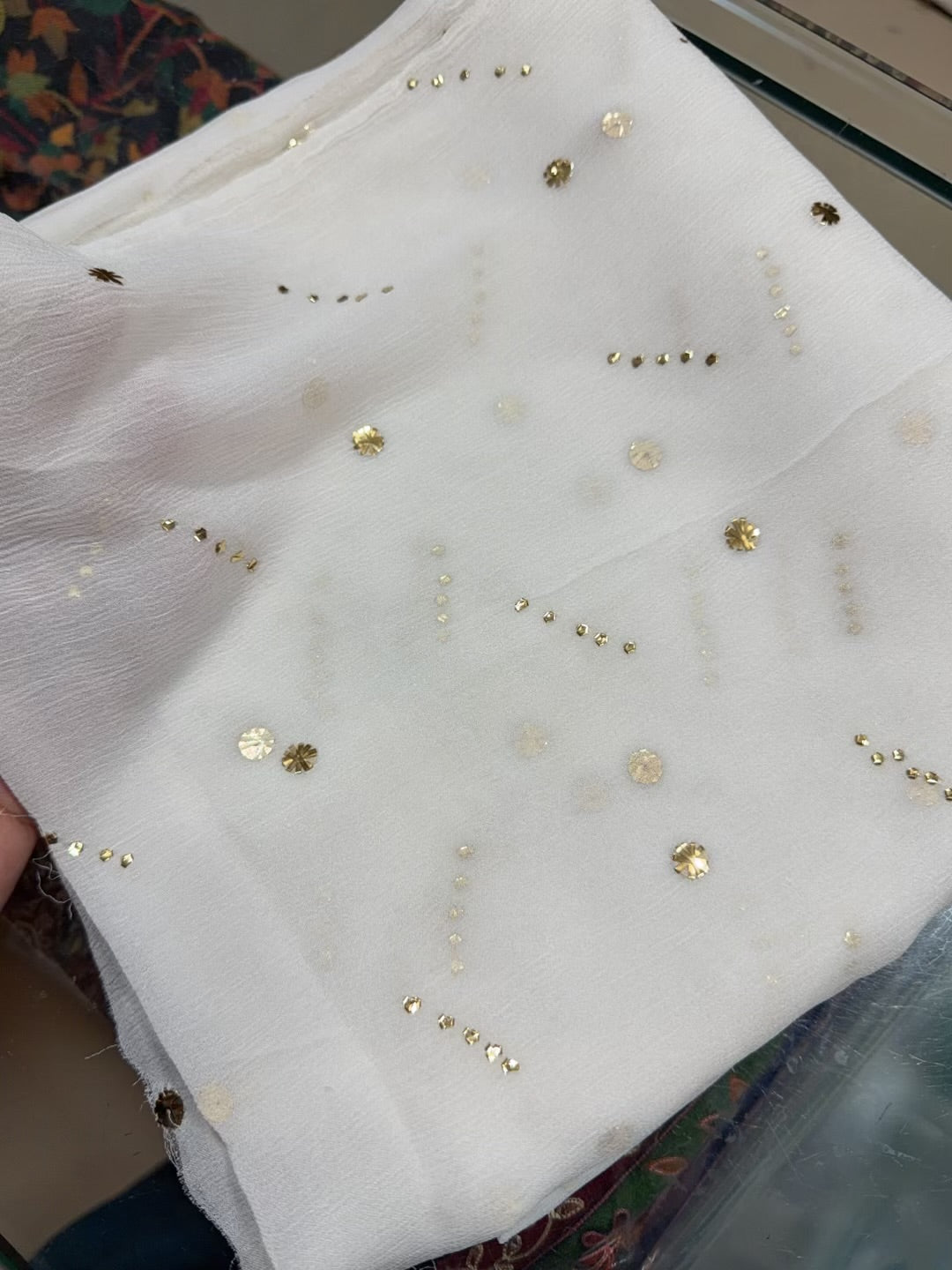 White Crinkle Chiffon Bindi Dupatta | Golden Bindi Mukesh Work Dyeable
