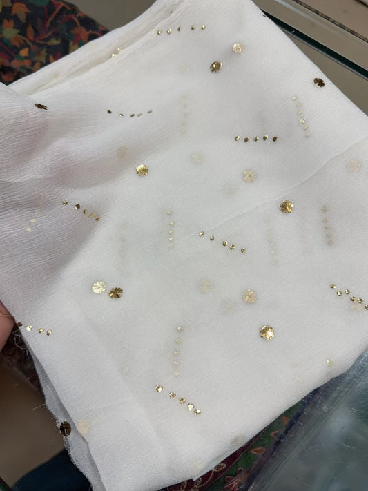 White Crinkle Chiffon Bindi Dupatta | Golden Bindi Mukesh Work Dyeable
