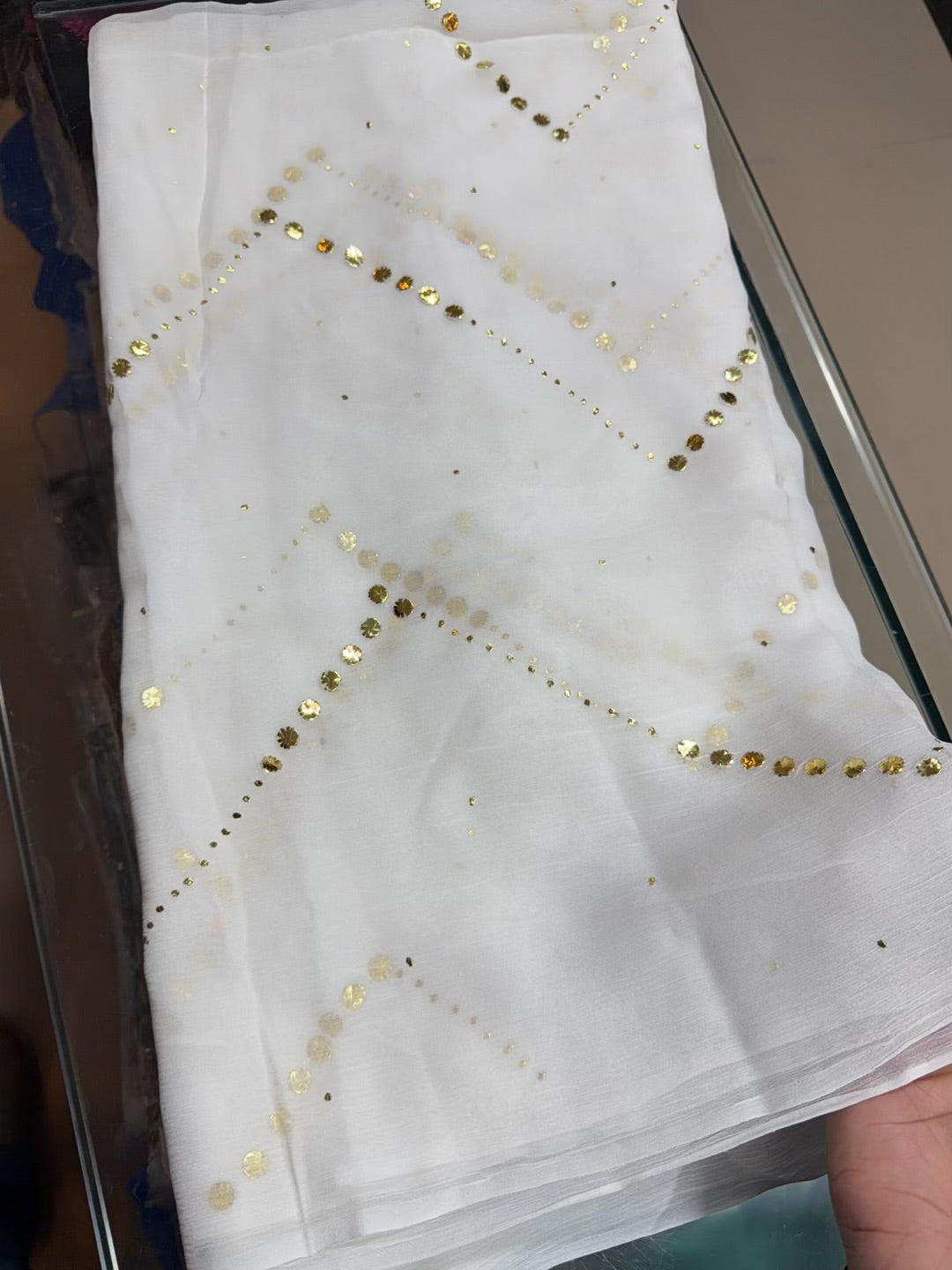 White Mukesh Chiffon Dupatta | Golden Mukesh Jaal Work Dyeable
