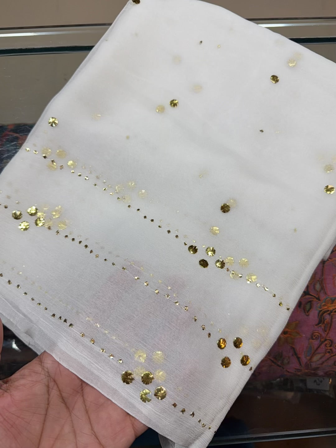 White Crinkle Chiffon Bindi Dupatta | Golden Big Mukesh Work Dyeable
