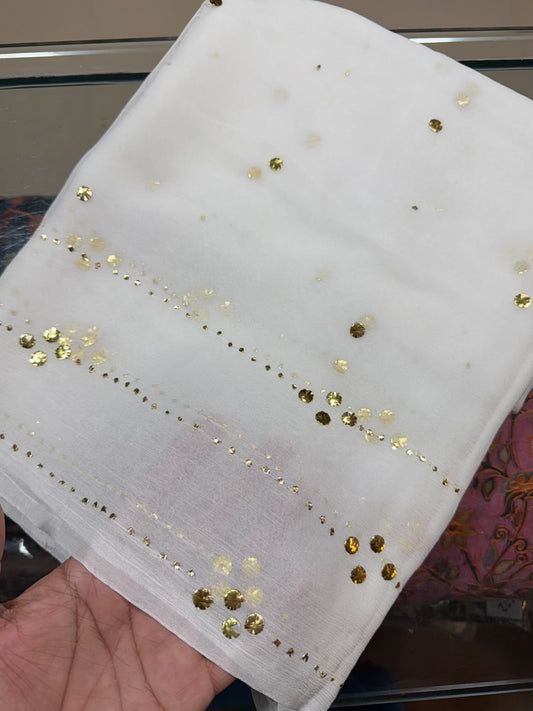 White Crinkle Chiffon Bindi Dupatta | Golden Big Mukesh Work Dyeable