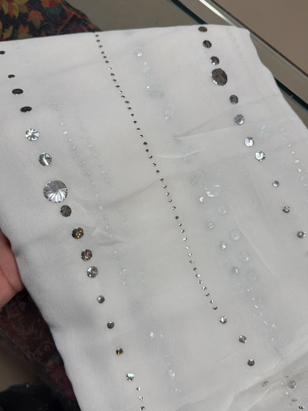 White Mukesh Chiffon Dupatta | Silver Big Mukesh Work Dyeable