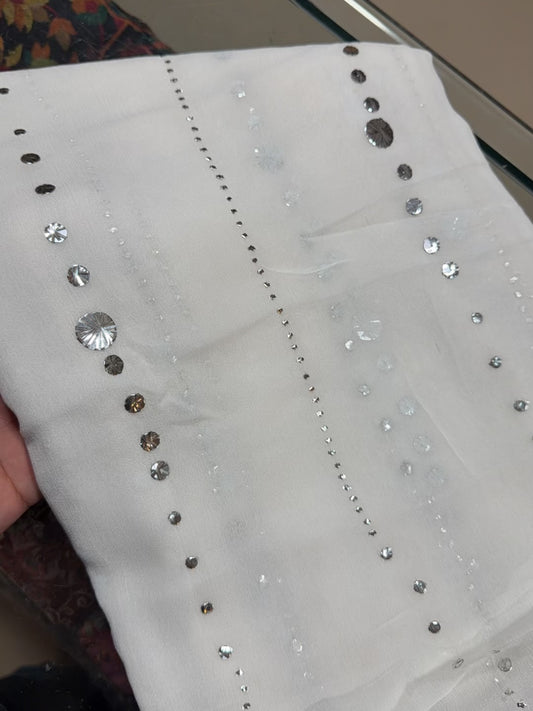 White Mukesh Chiffon Dupatta | Silver Big Mukesh Work Dyeable