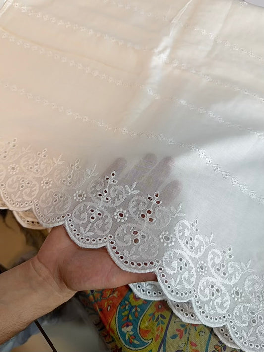 White Chikankari Lawn Shawl Cutwork Border and Chikankari