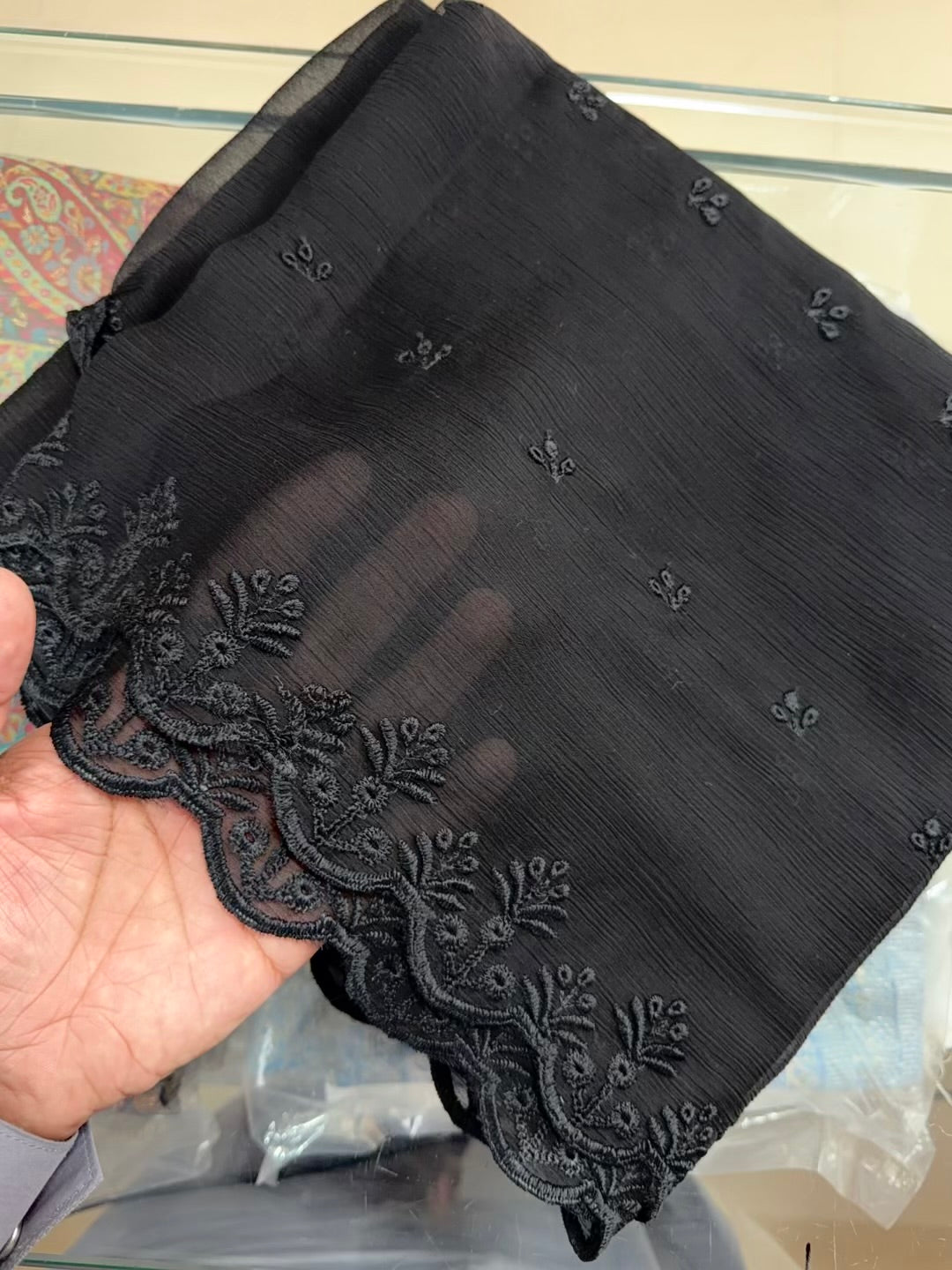 Chikankari Crinkle Chiffon Embroidered Dupatta | Black